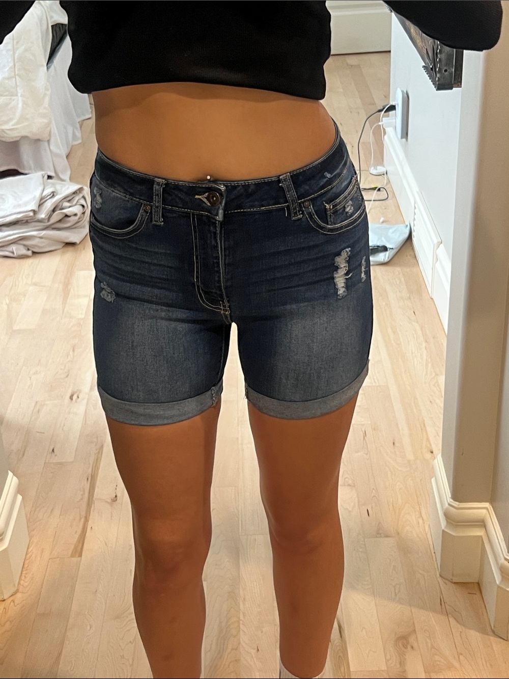 Wax Jean Dark Blue fitted Distressed Cuffed Denim Shorts